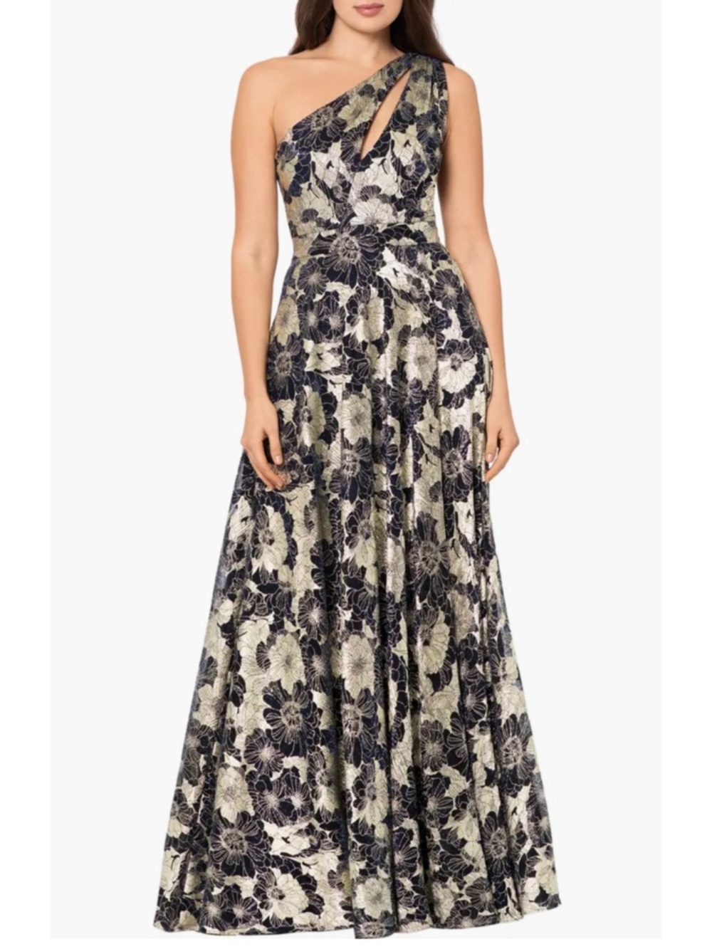 NWT Betsey & Adam Metallic Floral Foil Navy Blue‎ One Shoulder Gown Formal Dress